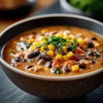 Bowl of high protein creamy taco soup garnished with cilantro and cheese