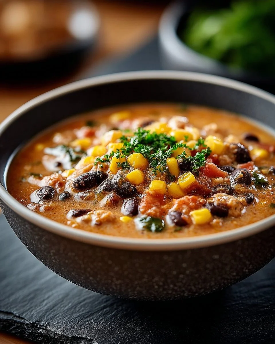 Bowl of high protein creamy taco soup garnished with cilantro and cheese