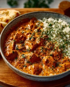 Delicious homemade butter chicken served with naan and rice.