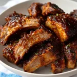 Succulent honey garlic ribs glazed with a sweet sauce, ready to be served.