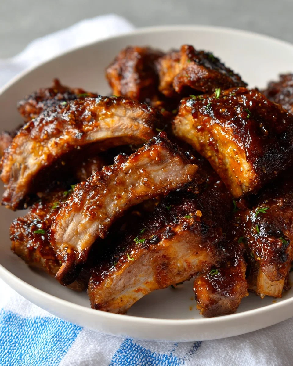 Succulent honey garlic ribs glazed with a sweet sauce, ready to be served.