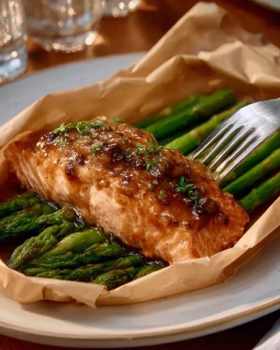 Honey mustard salmon with mushrooms and asparagus on a plate