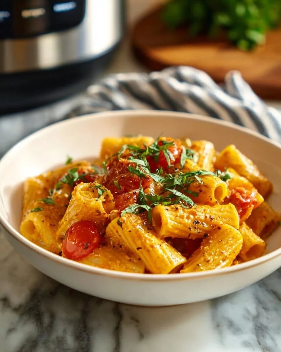 Delicious Instant Pot Creamy Chicken Rigatoni served in a bowl