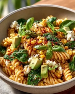 Juicy street corn pasta salad with fresh ingredients and vibrant colors