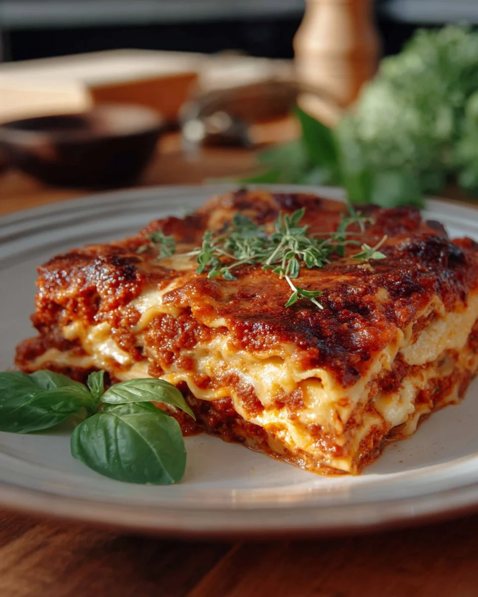 Delicious traditional Italian lasagna layered with rich sauce and cheese
