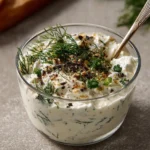 Lemon dill sauce drizzled over salmon patties, enhancing the dish's flavor.
