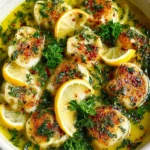 Delicious Lemon Garlic Baked Scallops garnished with herbs.