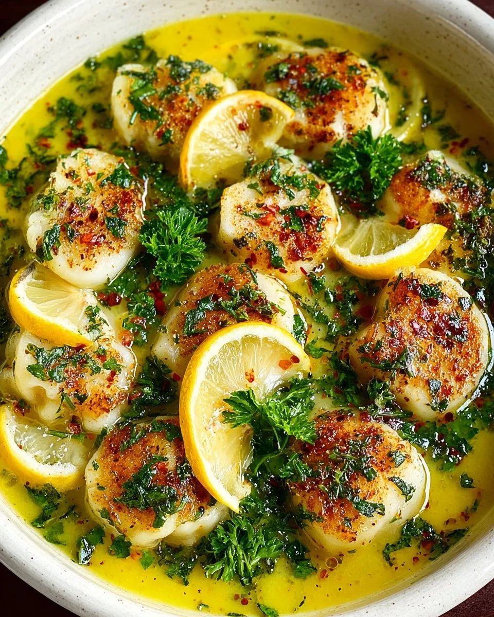 Delicious Lemon Garlic Baked Scallops garnished with herbs.