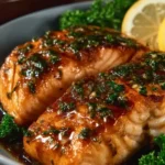 Maple Dijon Baked Salmon on a plate garnished with herbs