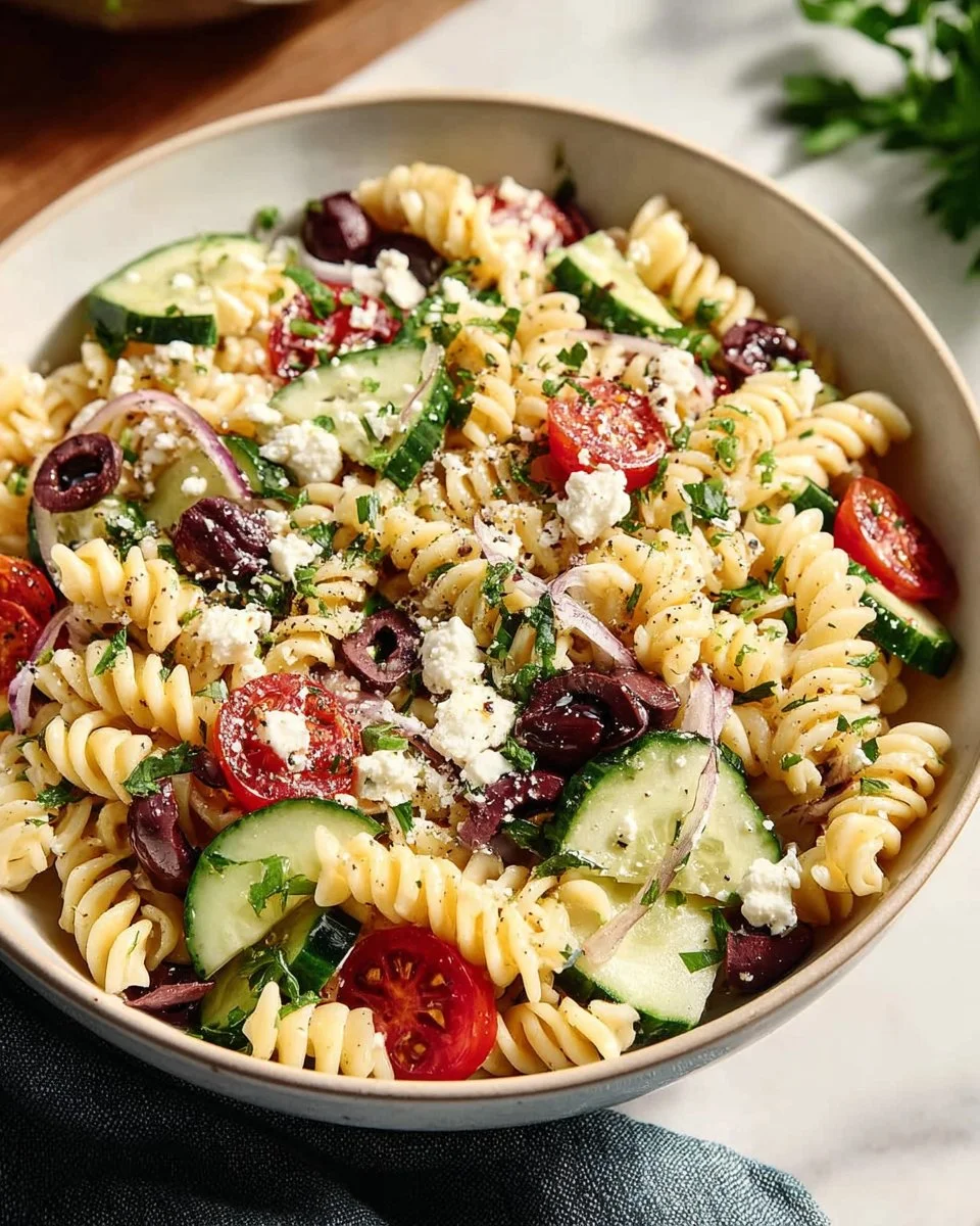 Colorful Mediterranean Pasta Salad with fresh vegetables and dressing