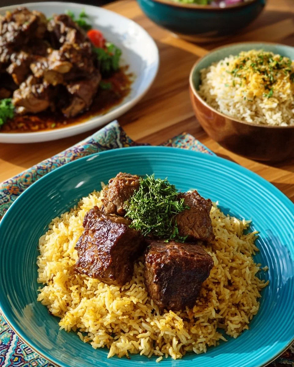 Middle Eastern spiced braised beef served with rice