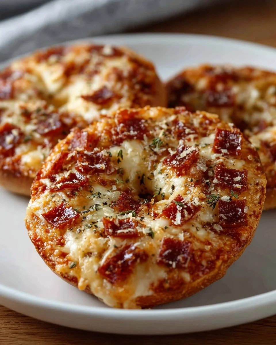 Mini bagel pizzas topped with pepperoni and cheese