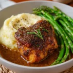 One-pan baked chicken with rich gravy served on a plate
