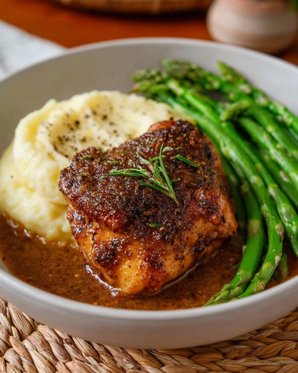One-pan baked chicken with rich gravy served on a plate