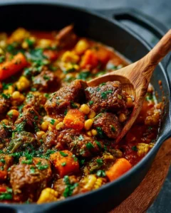 One-Pot Beef Sweet Potato Chickpea Curry in a bowl with fresh herbs on top.