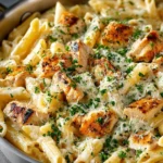 One Pot Chicken Alfredo recipe with creamy sauce and tender chicken