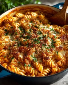 One Pot Creamy Tomato Beef Pasta dish garnished with herbs