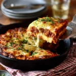 Delicious One Pot Lasagna served in a skillet with ricotta and mozzarella cheese