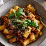 Delicious one pot lasagna pasta served in a bowl topped with herbs.