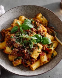 Delicious one pot lasagna pasta served in a bowl topped with herbs.