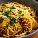 One Pot Taco Spaghetti dish served in a bowl with colorful toppings