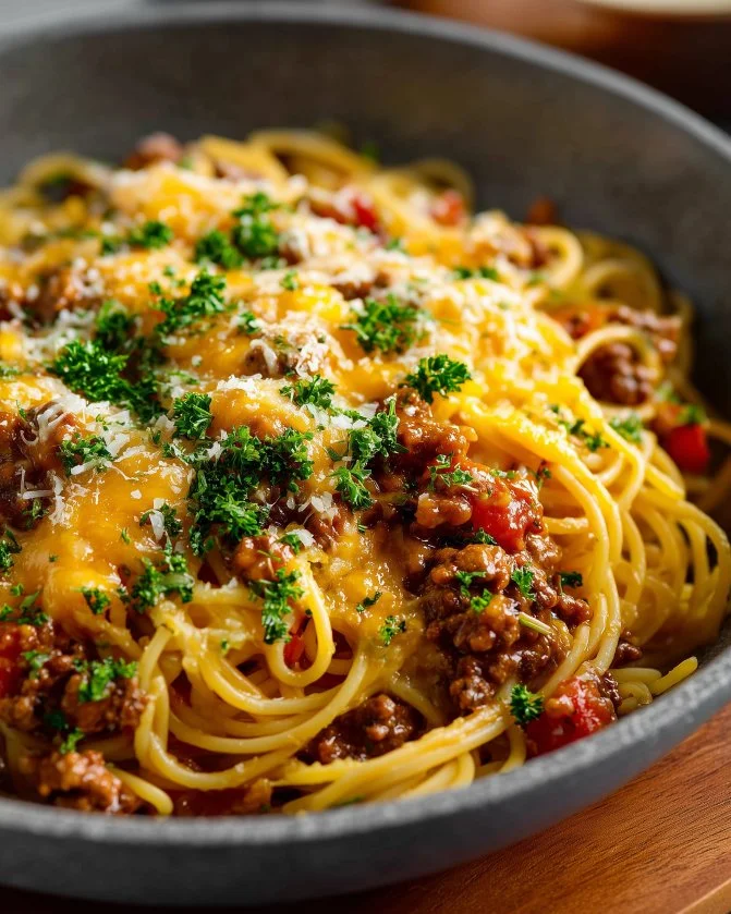 One Pot Taco Spaghetti dish served in a bowl with colorful toppings