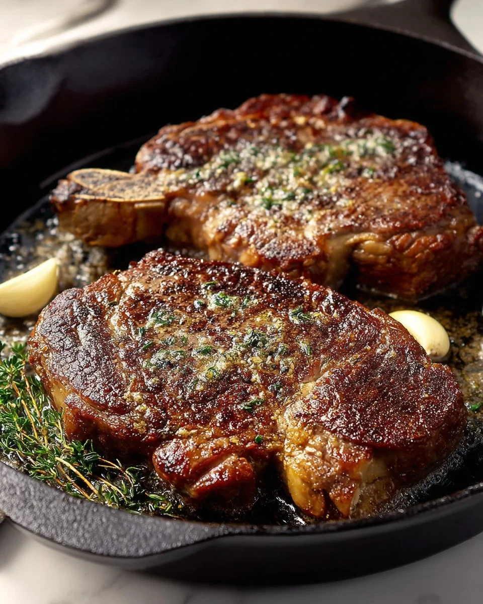 Perfectly pan-seared ribeye steak with a golden crust and juicy interior