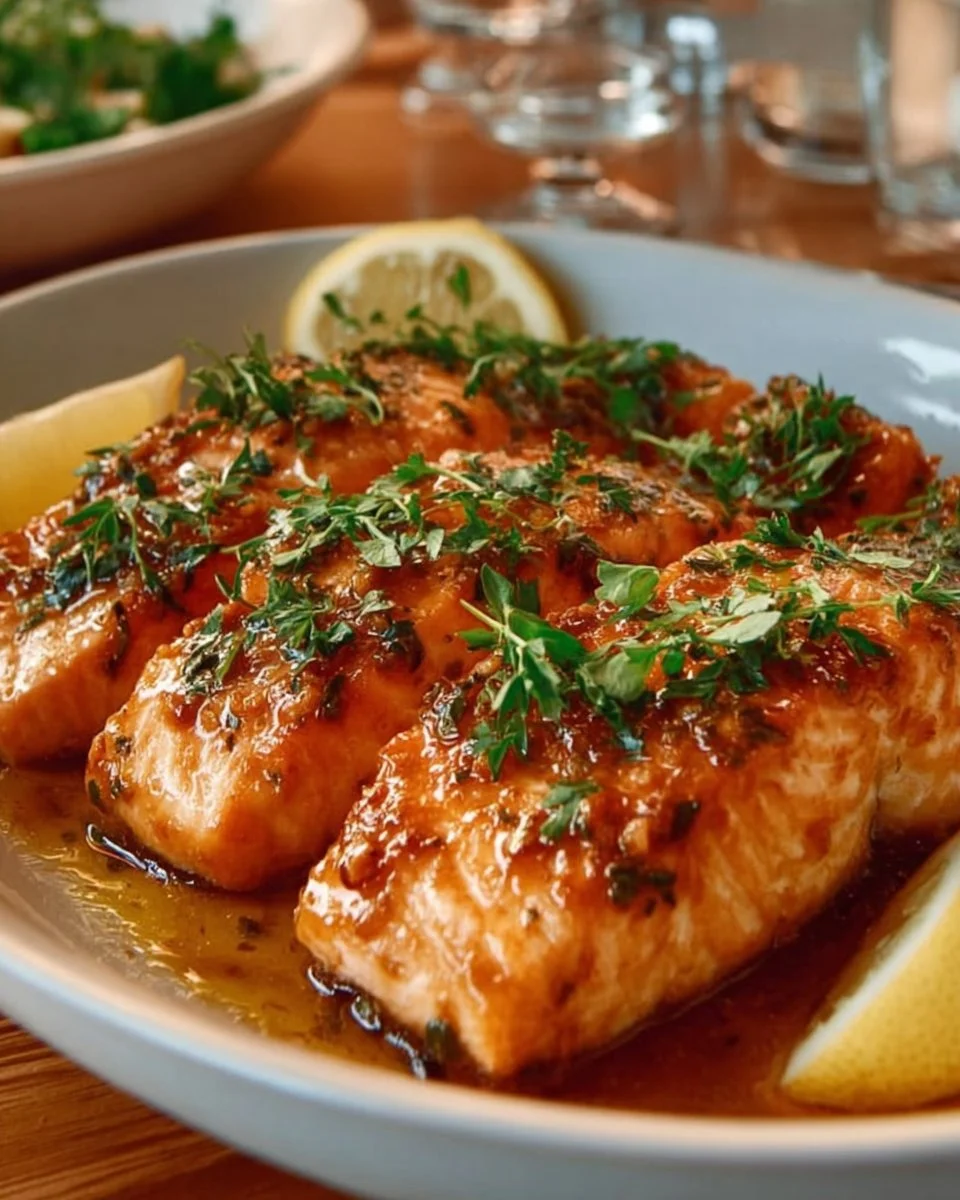 Pan-seared salmon fillet topped with citrus butter glaze served on a plate