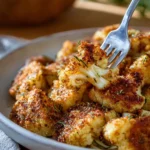 A plate of crispy Parmesan roasted cauliflower florets, garnished with herbs.