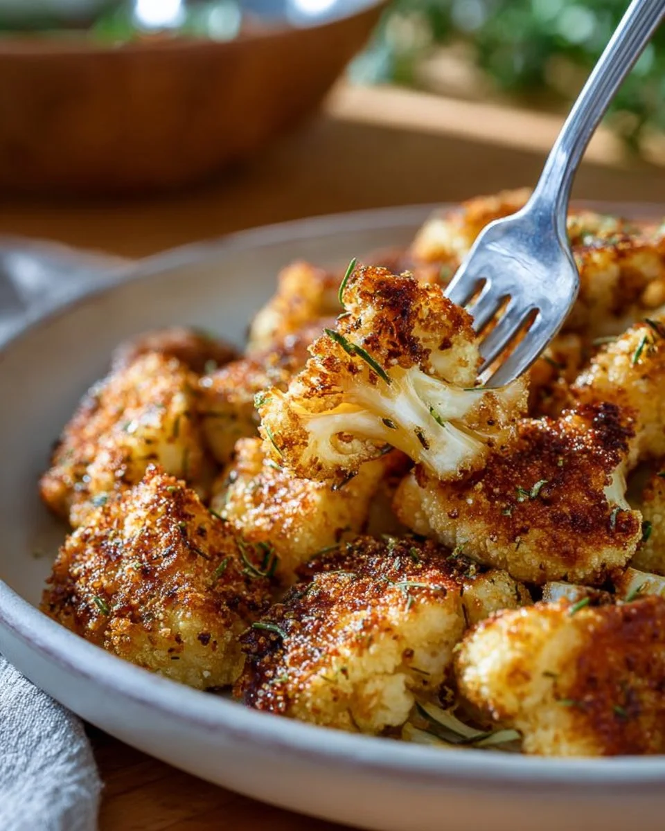 A plate of crispy Parmesan roasted cauliflower florets, garnished with herbs.