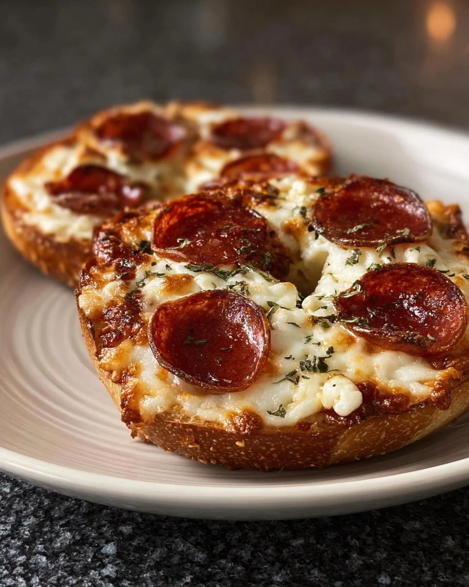 A delicious pepperoni pizza bagel topped with cheese and pepperoni slices