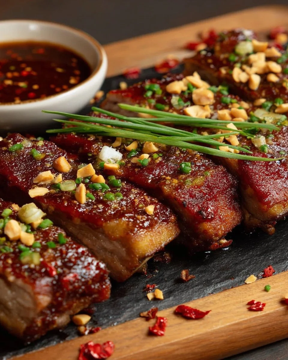 Delicious pork ribs glazed with Korean BBQ sauce on a grill