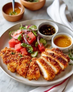 Crispy potato chip crusted chicken on a plate with herbs