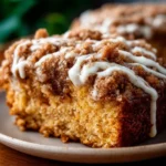 Deliciously moist Pumpkin Coffee Cake topped with a crumbly streusel.