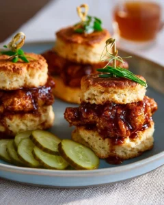 Plate of quick chicken biscuit bites garnished with herbs