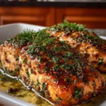 Delicious salmon fillet served with lemon butter sauce on a plate