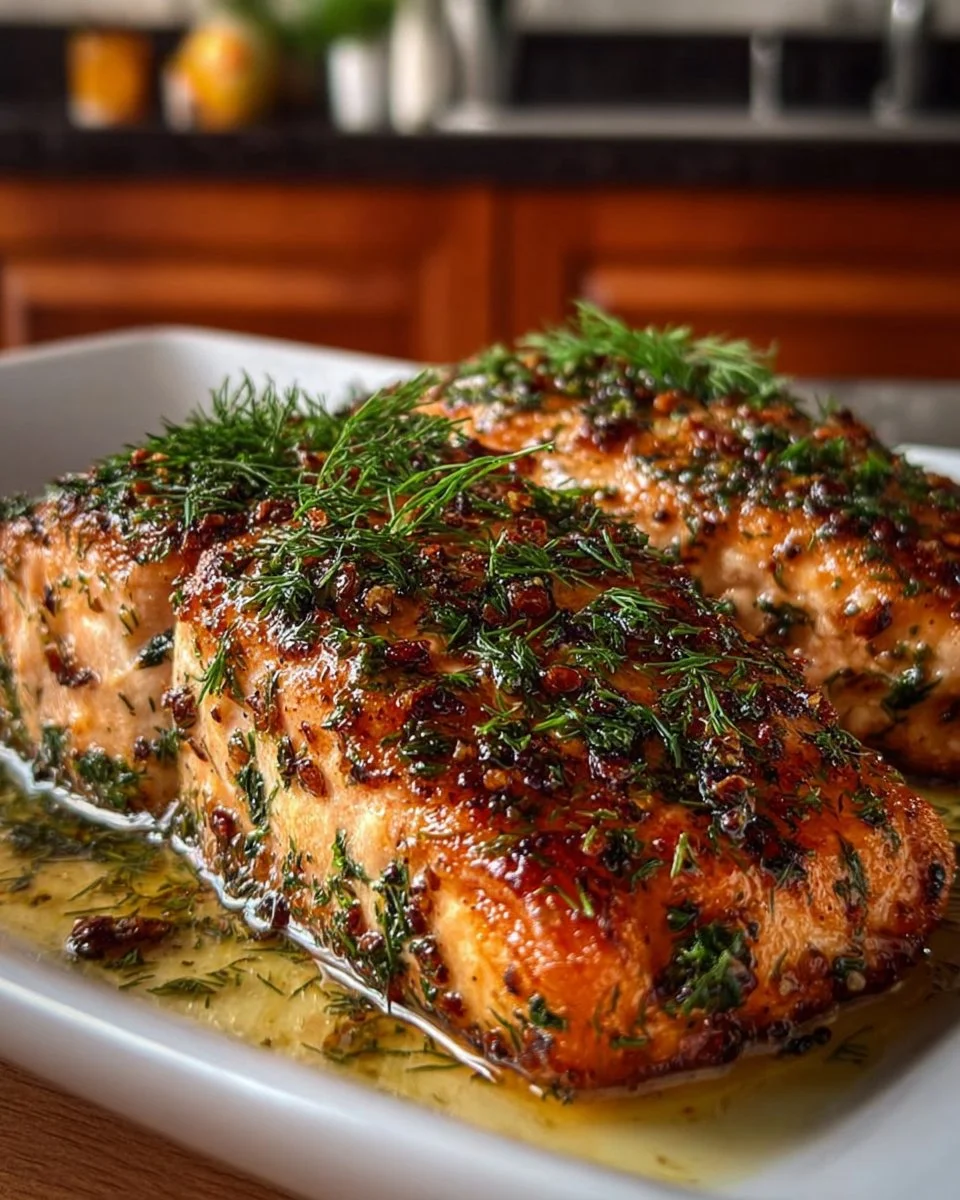 Delicious salmon fillet served with lemon butter sauce on a plate