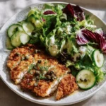 Salt and vinegar kettle chip crusted chicken served with green salad and lemon yogurt dressing.