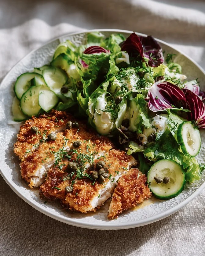 Salt and vinegar kettle chip crusted chicken served with green salad and lemon yogurt dressing.