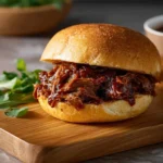Slow cooker barbecue with tender meat and rich sauce in a serving dish.
