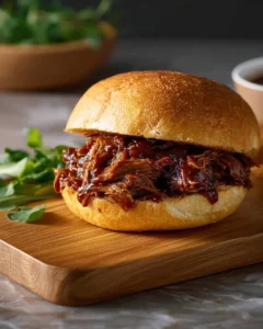 Slow cooker barbecue with tender meat and rich sauce in a serving dish.
