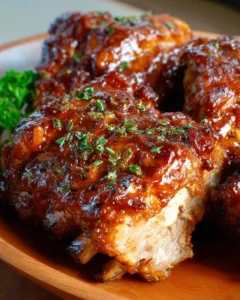Slow-cooker barbecue ribs served on a platter with sauce
