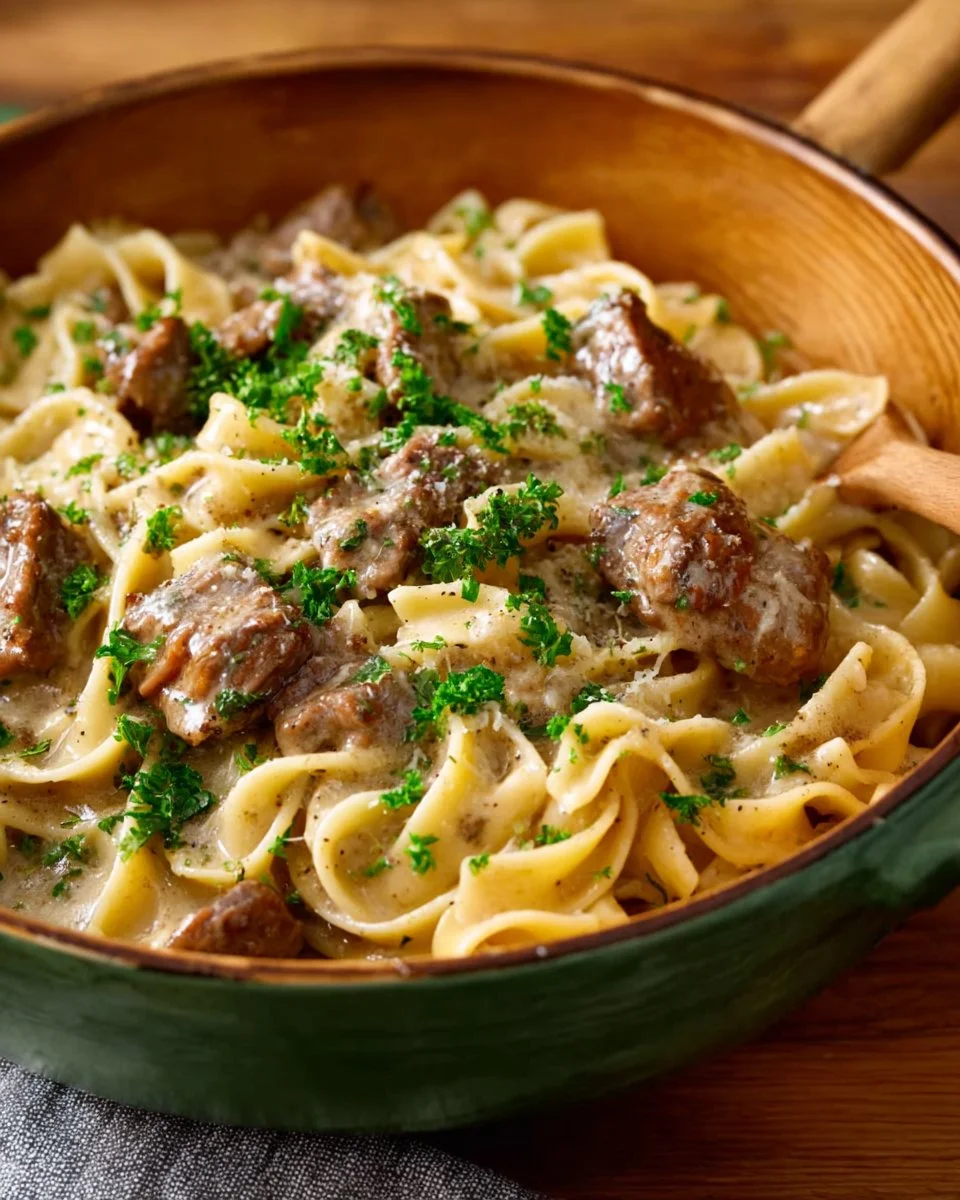 Slow Cooker Beef Stroganoff served in a bowl with mushrooms and creamy sauce