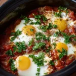 A bowl of Slow Cooker Shakshuka with poached eggs and rich tomato sauce.