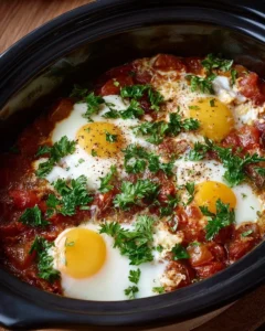 A bowl of Slow Cooker Shakshuka with poached eggs and rich tomato sauce.