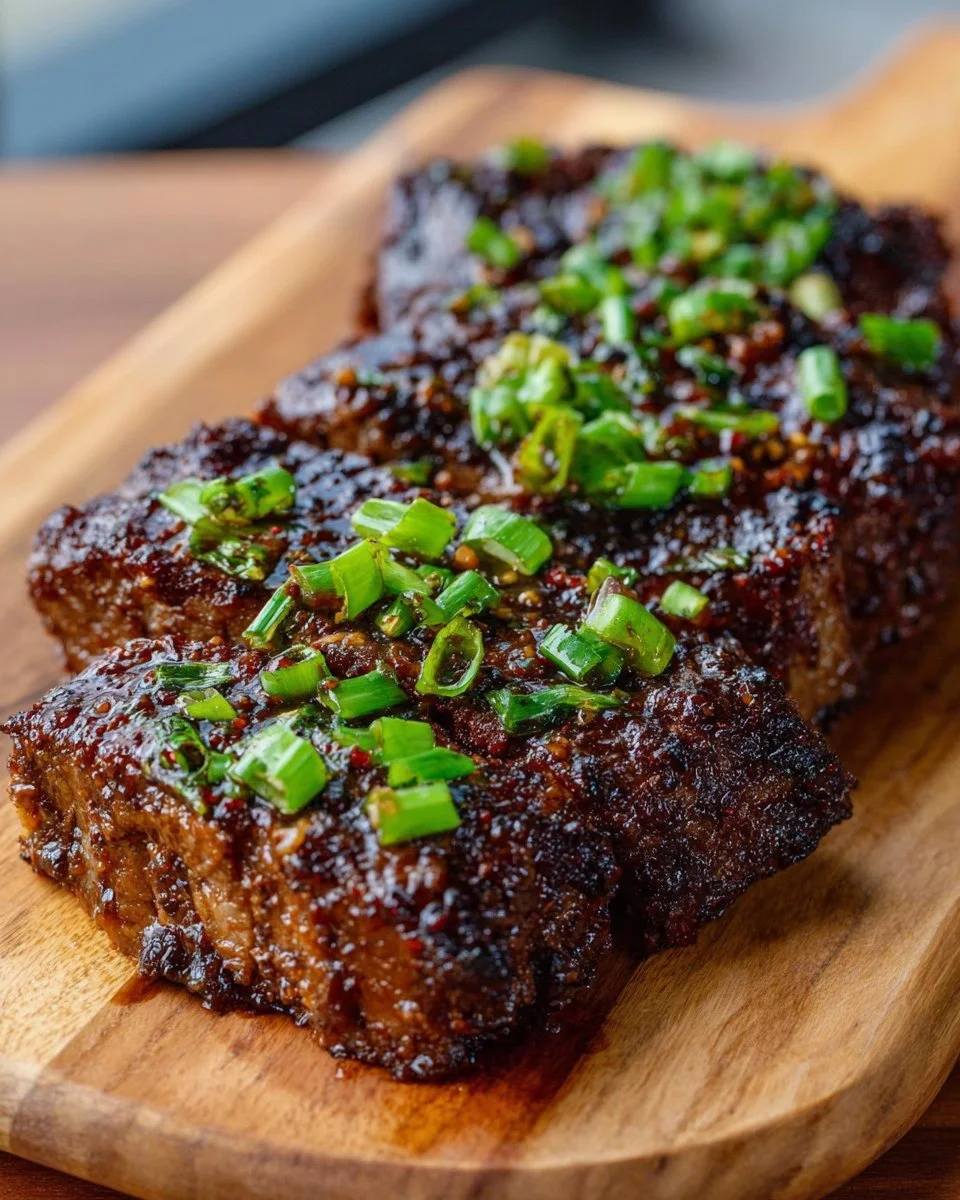 Delicious spicy Asian pork ribs served on a plate with garnishes.