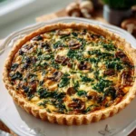 Delicious Spinach and Cheese Quiche on a rustic wooden table.