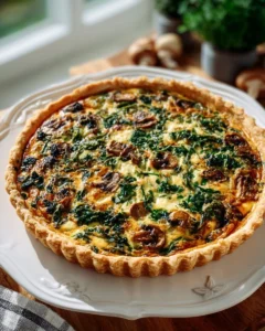 Delicious Spinach and Cheese Quiche on a rustic wooden table.