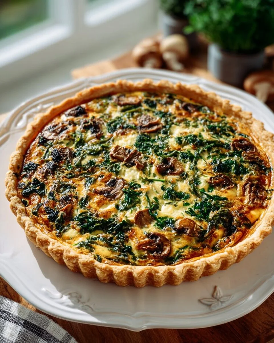 Delicious Spinach and Cheese Quiche on a rustic wooden table.