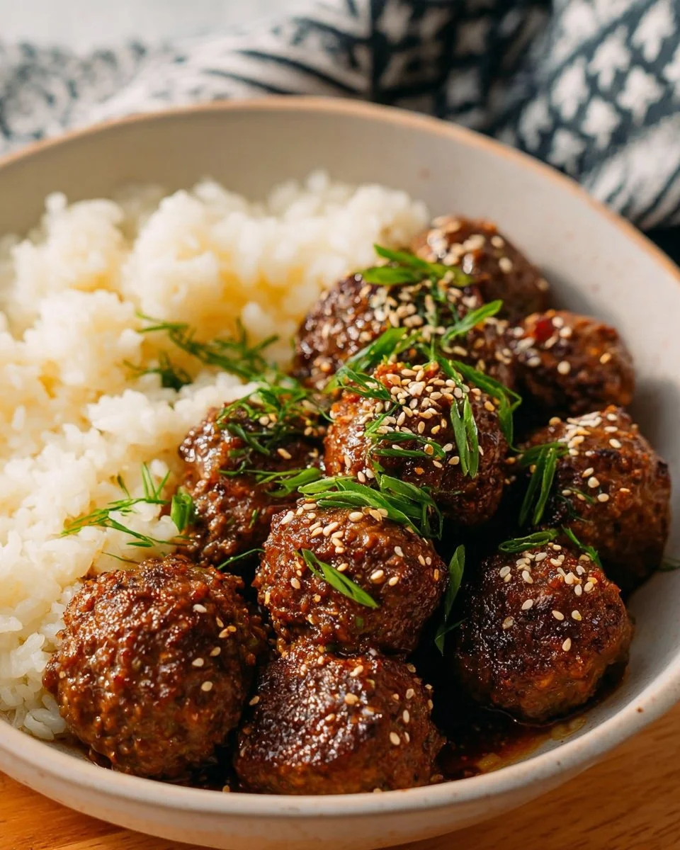 Sweet and spicy Korean BBQ meatballs served on a plate with dipping sauce